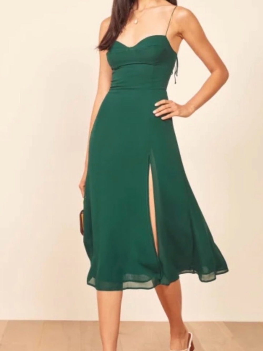 Reformation Forest Green Spaghetti-Strap Midi Dress
